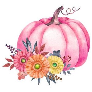 May include: A pink pumpkin with a stem and leaves is surrounded by a bouquet of pink, orange, and yellow flowers. The flowers have green centers and are arranged in a cluster.