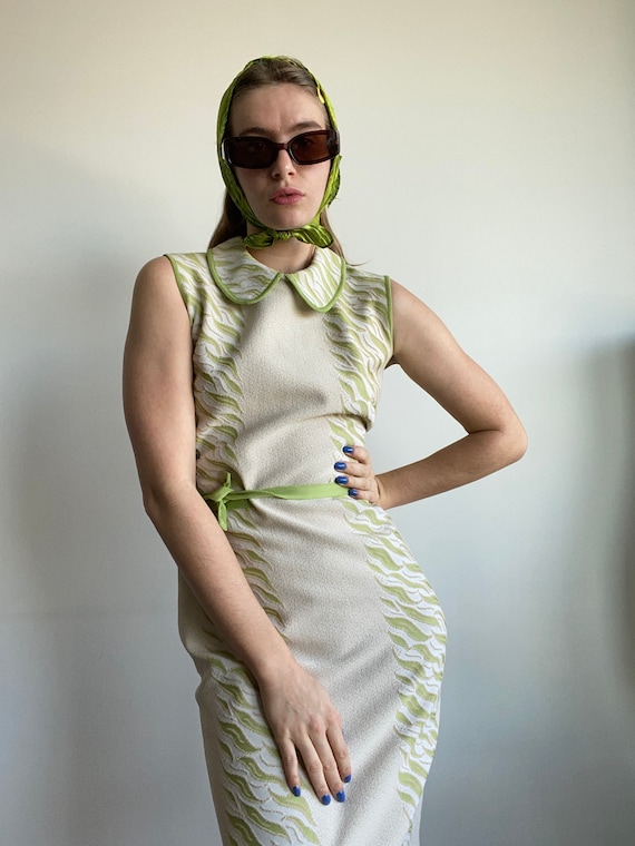 Peter Pan Collar Lime Green Tiger Stripe 70s Dress