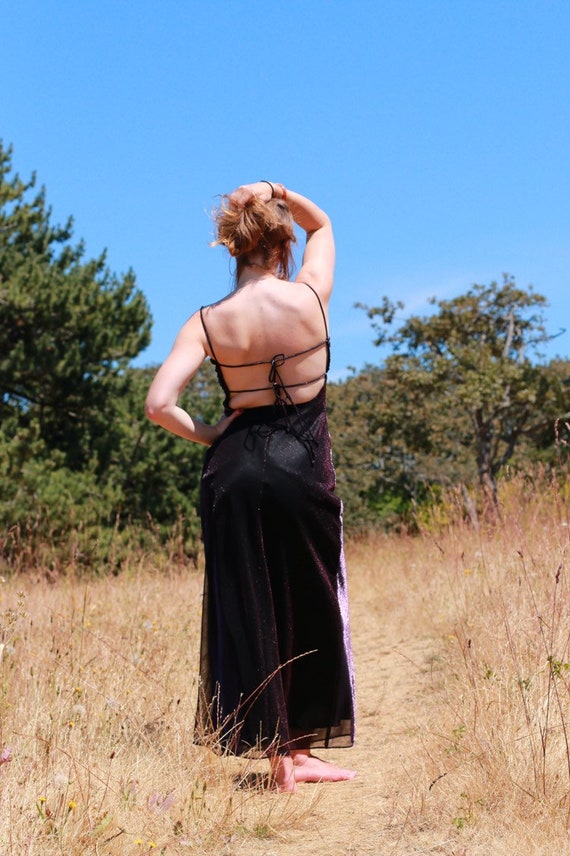 Metallic Aubergine Sparkly Formal Tie Back Dress