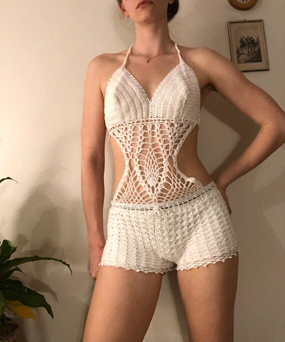 Vintage Handmade White Crochet Halter Bikini