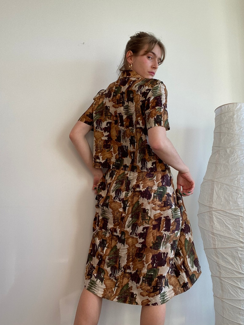 Rocking Chair Earth Tone Blouse and Skirt Pure Silk Set 28-30\u201dwaist