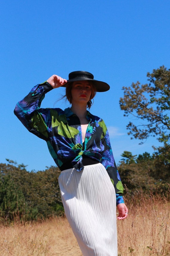 Tropical Leaf Vintage Pure Silk Statement Blouse