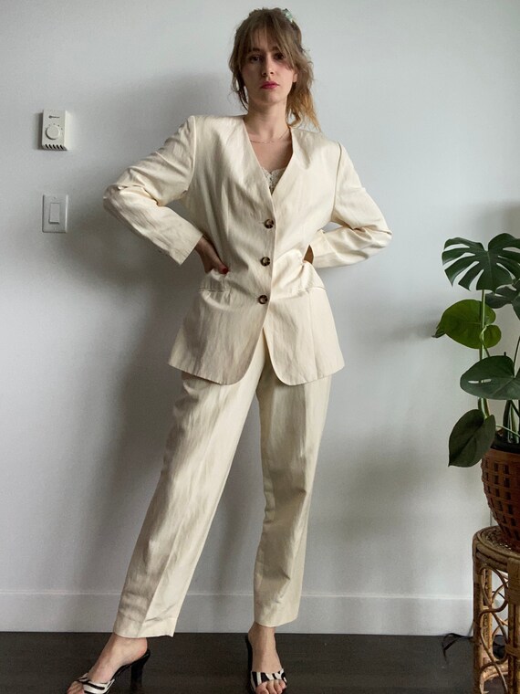 Ivory Linen and Silk Two Piece Vintage Suit / M