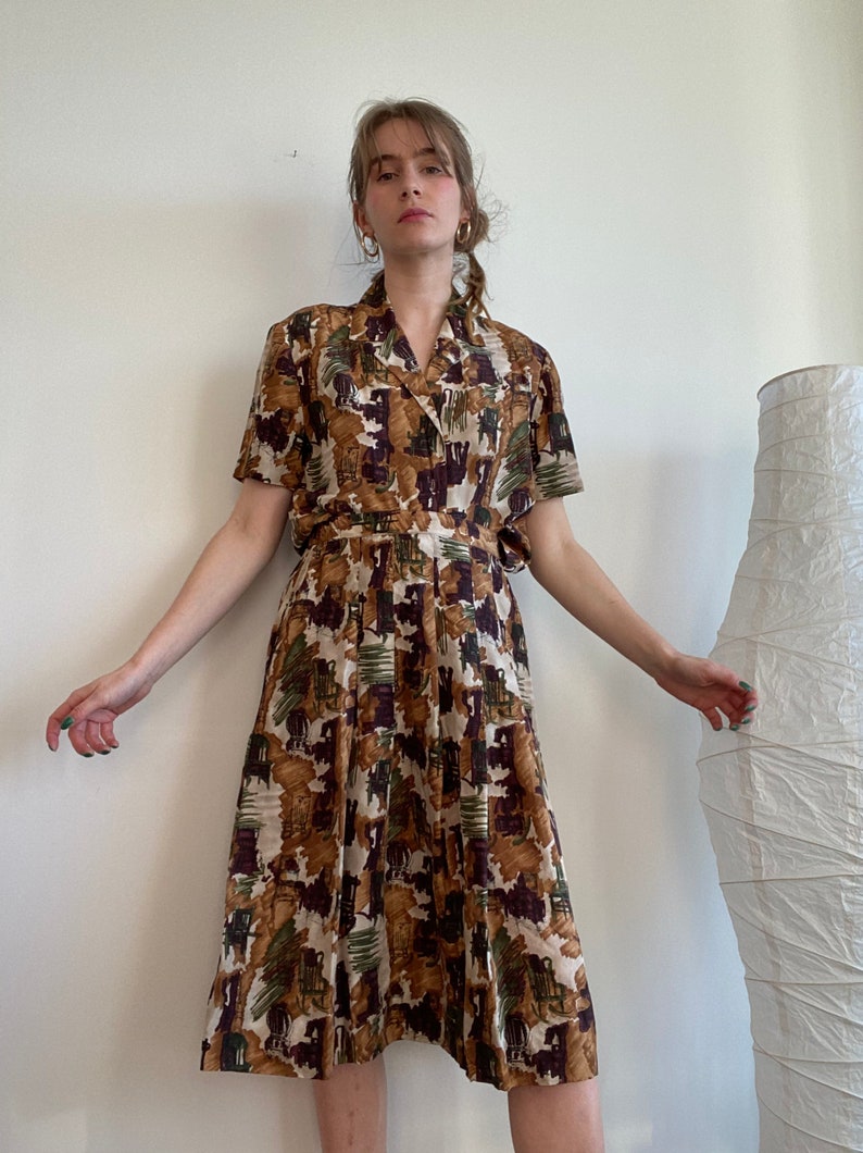 Rocking Chair Earth Tone Blouse and Skirt Pure Silk Set 28-30\u201dwaist