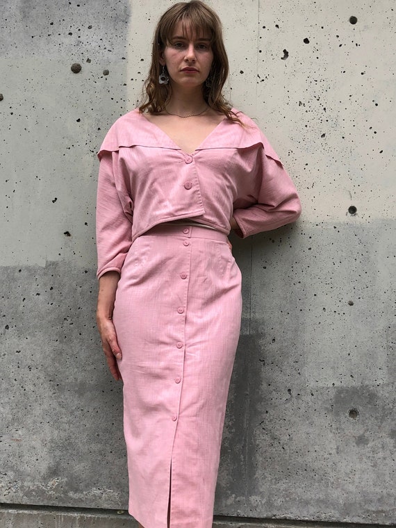 Gorgeous Baby Pink Linen Blazer Skirt Suit