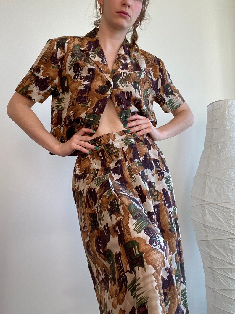 Rocking Chair Earth Tone Blouse and Skirt Pure Silk Set 28-30\u201dwaist