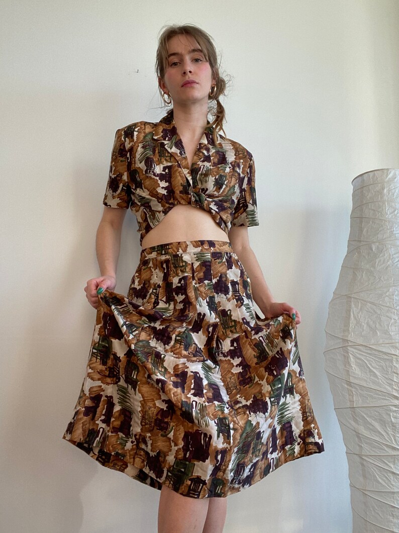 Rocking Chair Earth Tone Blouse and Skirt Pure Silk Set 28-30\u201dwaist