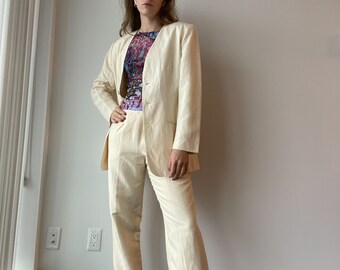Ivory Linen and Silk Two Piece Vintage Suit / M