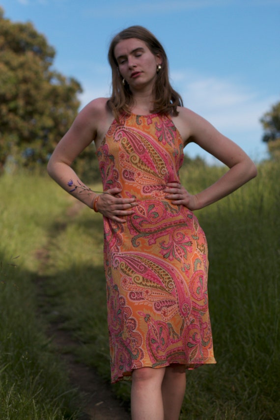 Paisley Peaches and Oranges Tie Back Silk Dress