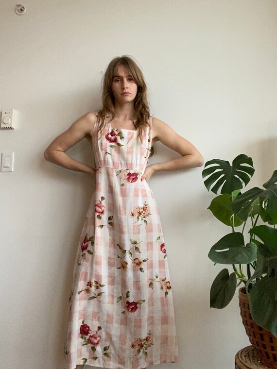 Floral Gingham Square Neck Dress / M