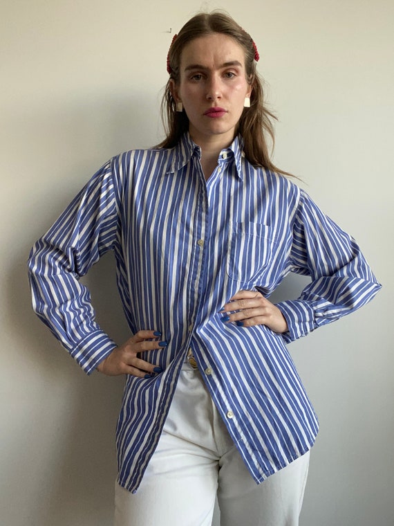 1990/'s striped shirt Boyfriend shirt Navy Summer blouse Cotton blouse.