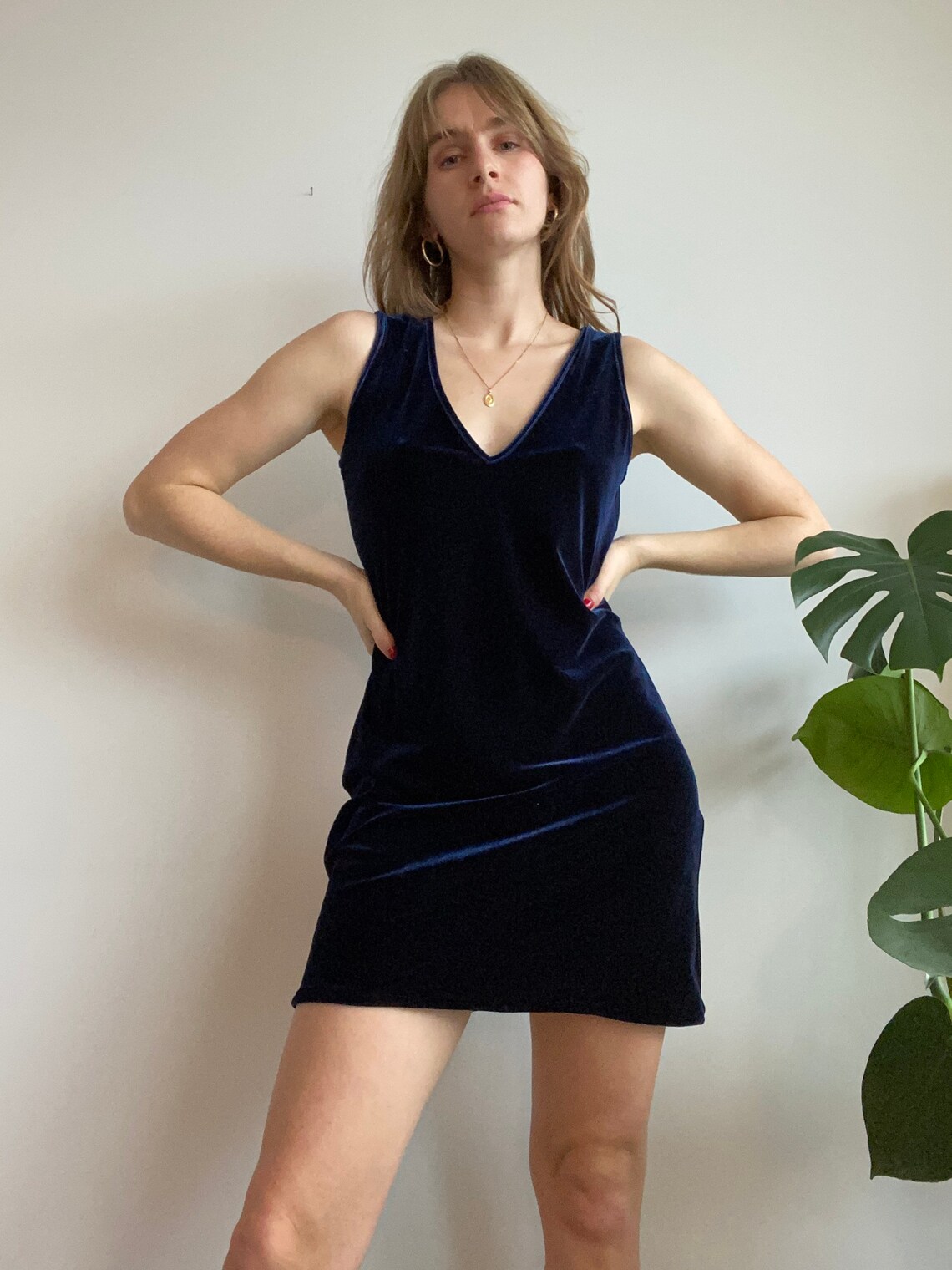 Dark Blue Velvet Mini Dress / M Etsy