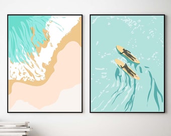 Set of 2 Hawaii Surfers Print, Abstract Ocean Surf Print, Blue Wave Wall Art, Minimalist Nordic Poster, Beach Wall Art