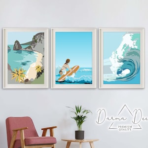 Abstract Surfer Art Print, Hawaii Beach Surf Art, Big Blue Wave Print, Ocean Beach Art, Modern Nautical Set of Prints