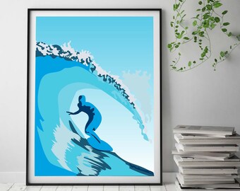 Surf Inspired, Giclee Art Print, Beach House Decor, Surfing themed artwork, Gift for Surfer, Blue Wave Wall Art, Surfer Printable Poster