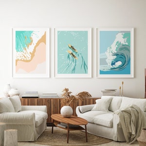 Hawaii California Surfboard Wall Art Set of 3 Prints, Abstract Surf Wave Beach Art, Surfing lovers Gift, Ocean Surf Beach Wall Art Decor