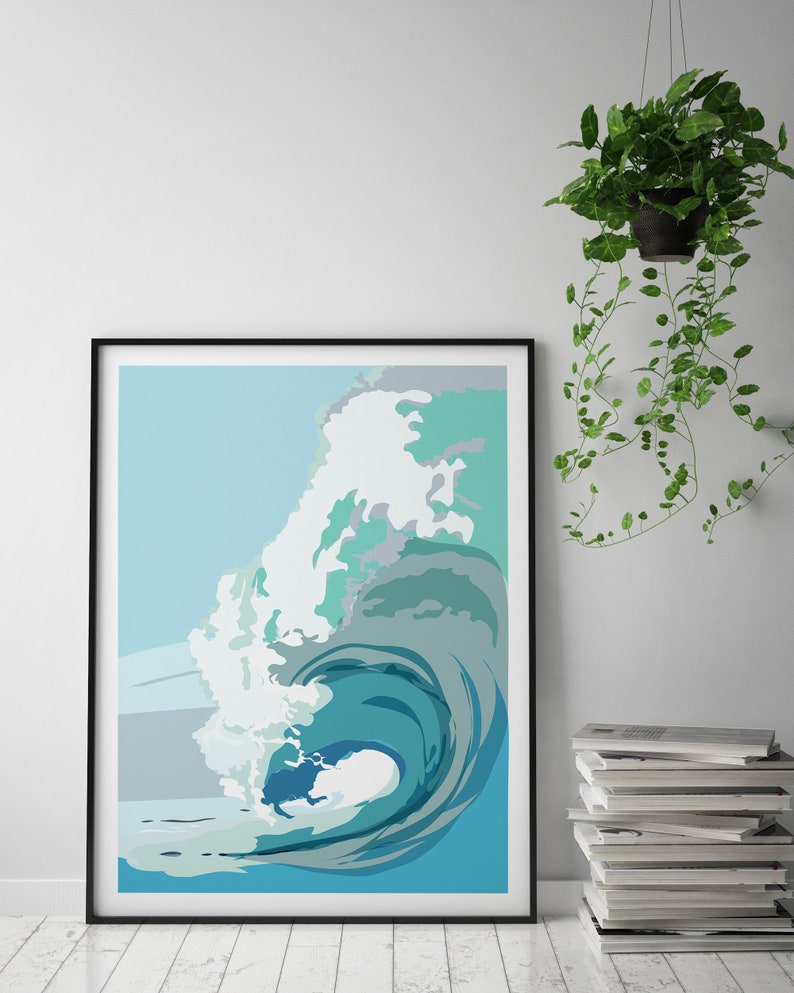Surf Big Wave blue Hawaii Surfers Ocean Beach Abstract Modern Wall Art Decor set prints