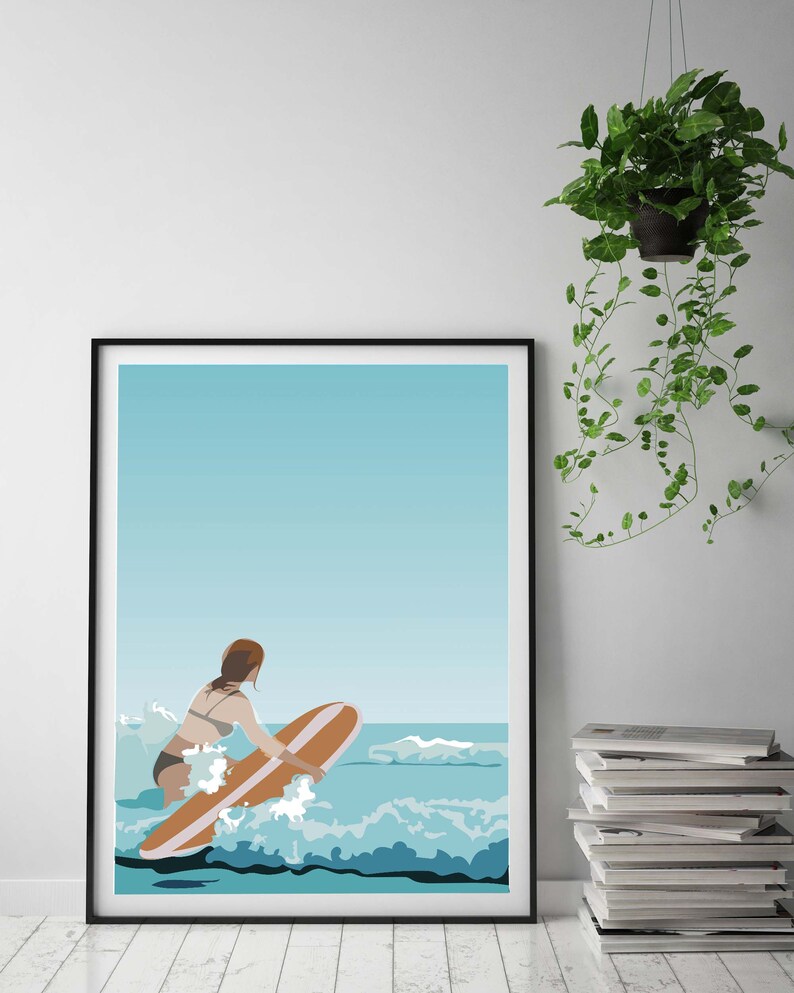 Surf Big Wave blue Hawaii Surfers Ocean Beach Abstract Modern Wall Art Decor set prints