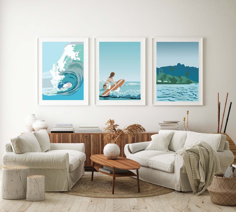 Surf Big Wave blue Hawaii Surfers Ocean Beach Abstract Modern Wall Art Decor set prints