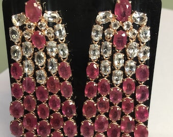 Limited Editions Red Vivid Pink with White Topaz Chandelier Pink gold Plated in Silver 925  Beautiful Unique Earring Women Colorful Sparkly