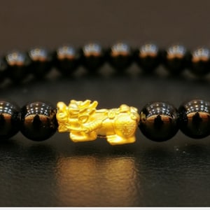 Pulseira Pixiu de ouro 24k com pingente de espinélio preto para homens e mulheres, ouro verdadeiro