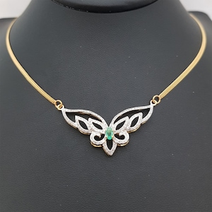 9k Solid gold Emerald,Blue Sapphire or Ruby With Diamonds Necklace Unique Vintage Design Bridal Gorgeous Diamond Necklace Bridal Gift