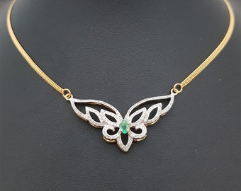 9k Solid gold Emerald,Blue Sapphire or Ruby With Diamonds Necklace Unique Vintage Design Bridal Gorgeous Diamond Necklace Bridal Gift