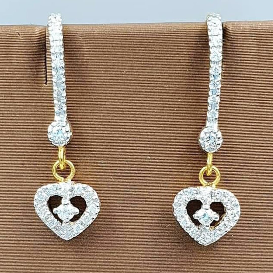 9K Yellow Gold Diamond Earrings Heart Drop Hook Earrings Etsy