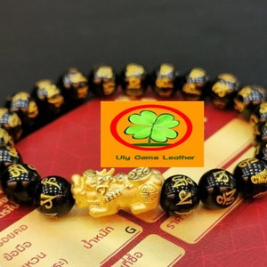 Pulseira de ouro 24k Pixiu 0,70 G Lucky Charm para homens e mulheres, pedra de espinélio preta, letra