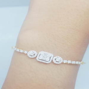 Baguette Diamond Line Bracelet  Bangle With 9 K Gold With Round Billion Cut Unique Charming Daily Ware Gift For Her