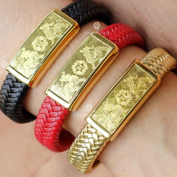 Double pixiu Bracelet engraved bar 24k gold leather money luck money luck feng shui