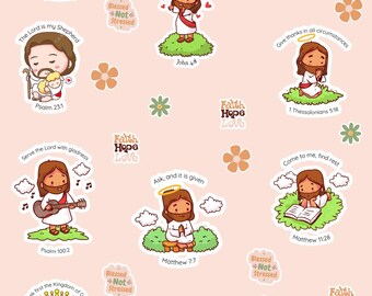 以下が含まれることがあります： ピンクの背景に花柄のアクセントが施された、漫画のイエスのイラストと、インスピレーションを与える引用句や聖書の詩句が書かれたカラフルなステッカーのセットです。