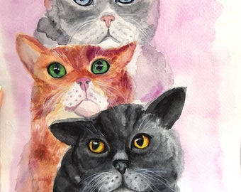 Cat portrait watercolor, realistic animals, A4