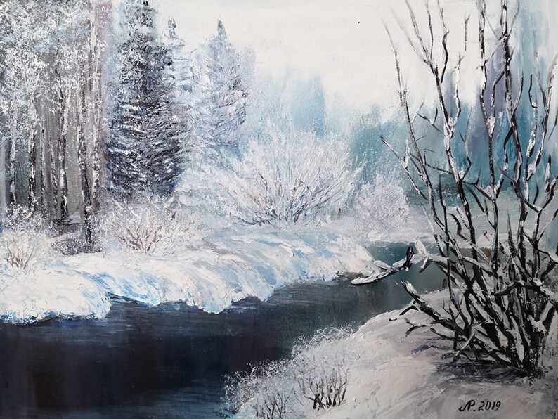Winter Forest Landscape Forest Painting Canvas River Painting Etsy