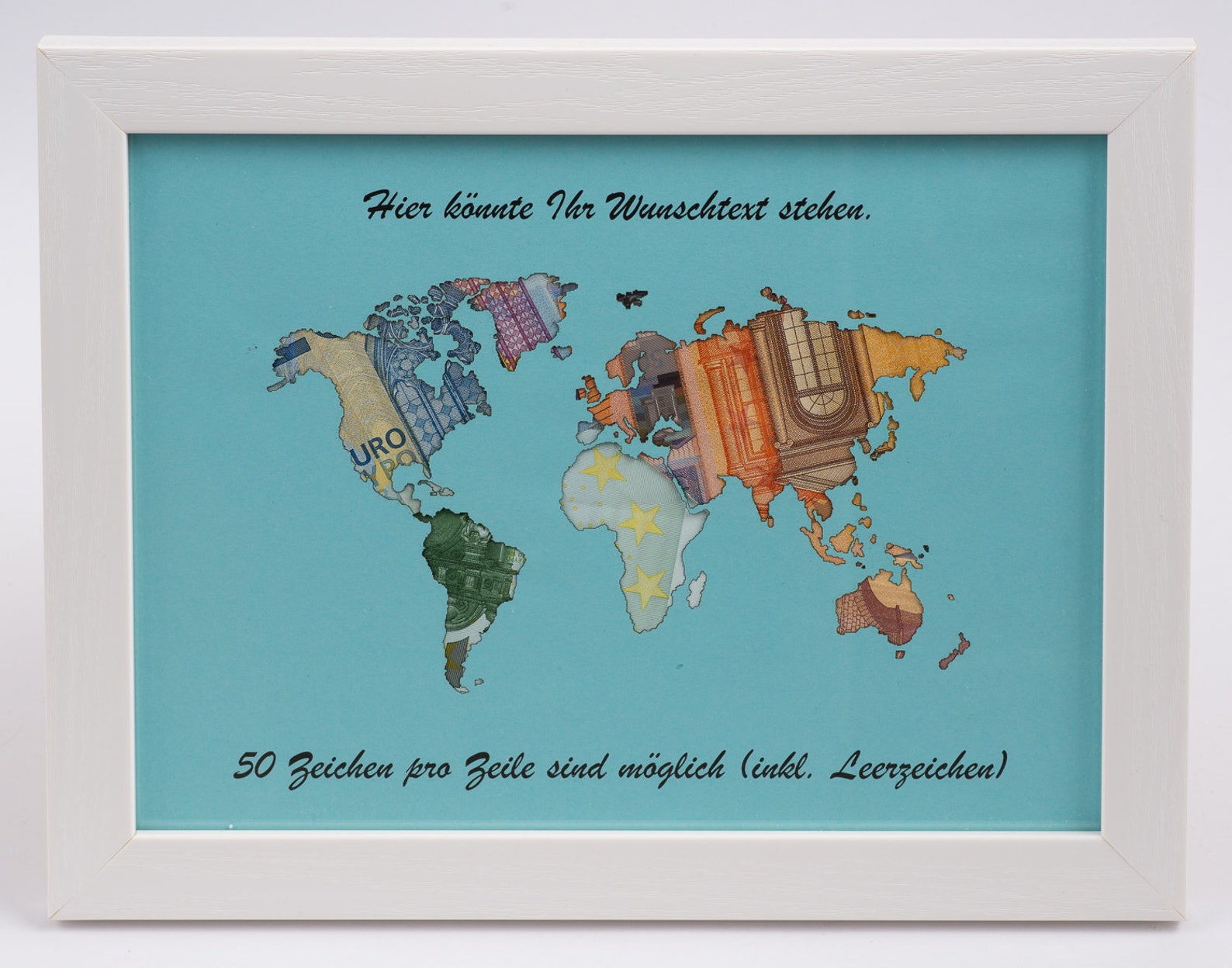 Geldgeschenk Weltkarte im Bilderrahmen, Geburtstag, Hochzeit mit Ihrem