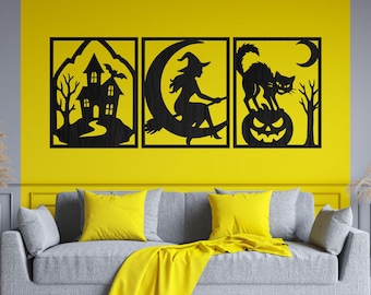 Halloween decor muurkunst set van 3 – heks, zwarte kat en spookhuis – lasergesneden houten halloweenversieringen – uniek cadeau-idee voor halloween