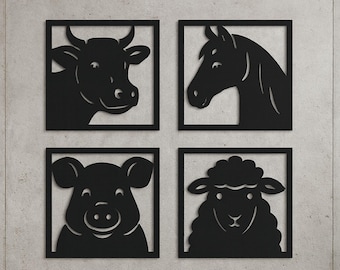 Farm Nursery Decor – Set of 4 Cow, Horse, Pig & Sheep – Baby Shower Gift for Kids Room – Playroom Wall Art – Wooden Farm Animals