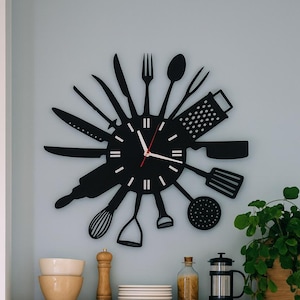 Reloj de pared único con temática de cocina: reloj de madera para decorar la cocina, arte de pared moderno, reloj silencioso, idea de regalo para cocineros, chefs y amantes de la gastronomía.