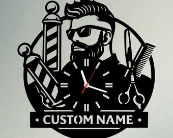 Reloj de pared de madera personalizado para barbería – Letrero de barbería personalizado con nombre – Decoración moderna de barbería – Regalo para barbero – Arte mural para peluquería