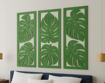 Set of 3 Large Monstera Leaf Wall Art – Tropical Botanical Wooden Panels – Modern Plant Home Decor for Bedroom, Living Room or Office