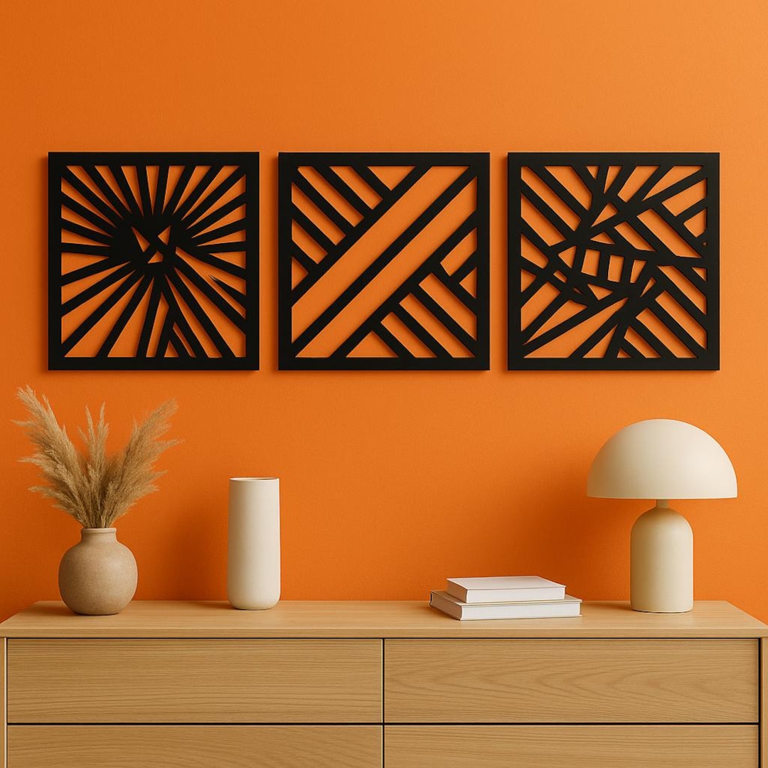 Modern Geometric Wall Art Set of 3 – Abstract Design – Black Wood Decor ...