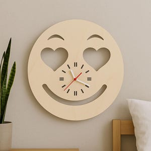 Smiley Face Wooden Wall Clock – Fun Minimalist Emoji Home Decor – Modern Playful Wall Art for Kids Room, Teen Bedroom, Office or Playroom