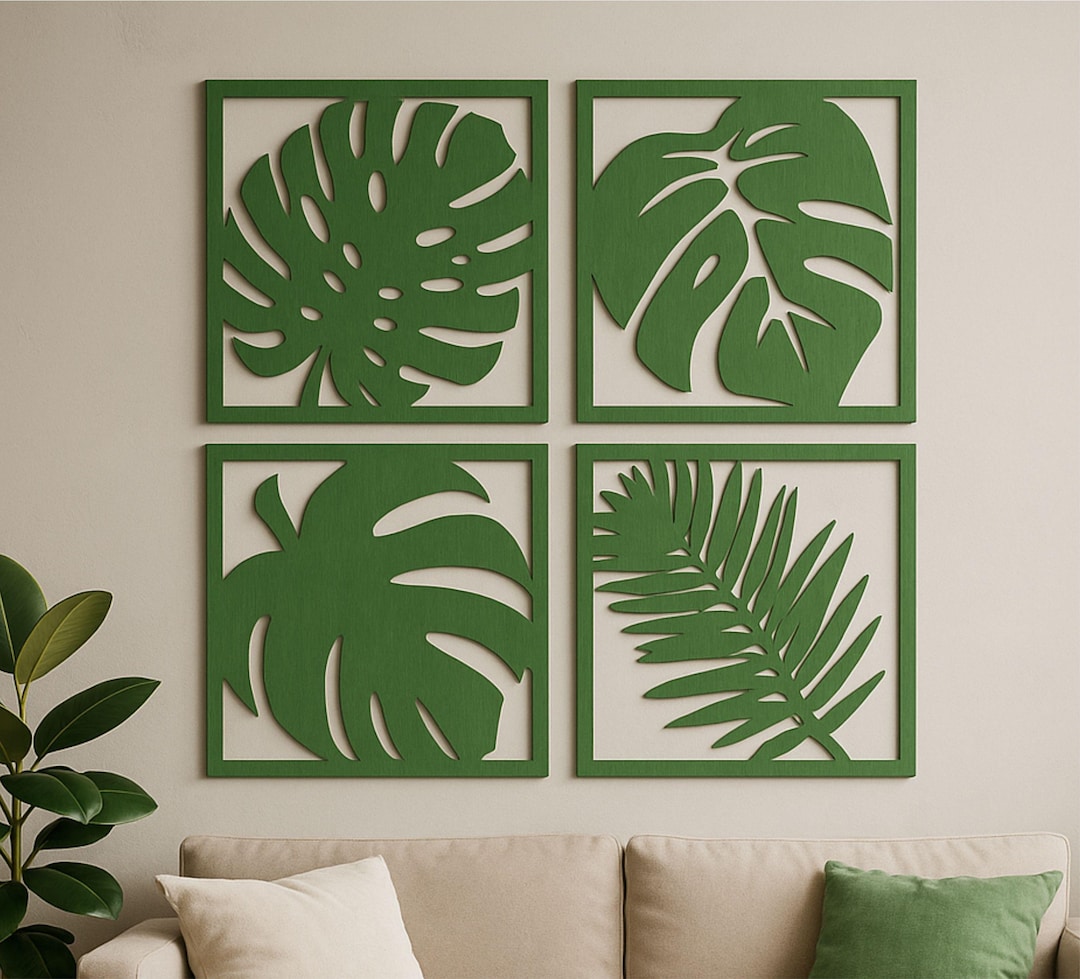 Set of 4 Tropical Leaf Wall Art – Green Monstera Wood Panels – Modern ...
