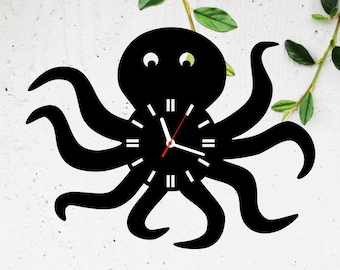 Octopus Wooden Wall Clock for Kids Room – Cute Sea Animal Clock for Nursery or Playroom – Fun Ocean Art Wall Decor Gift for Boys and Girls