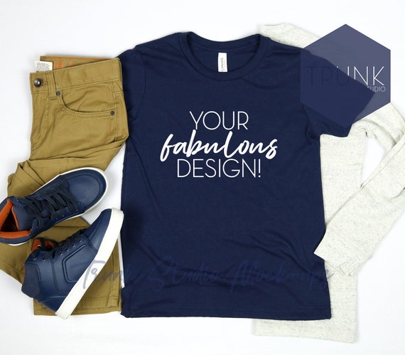 Bella Canvas 3001y Navy Shirt Mockup Flat Lay
