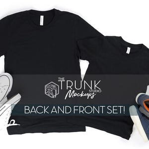 May include: Two black t-shirts, one large and one small, are displayed on a white background. White sneakers and blue sneakers are placed near the shirts. The text "BACK AND FRONT SET!" is visible.