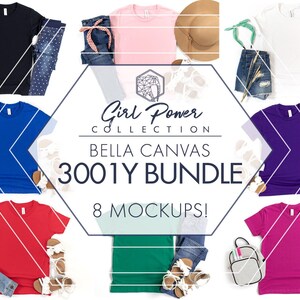 Bella Canvas 3001Y Mockup Bundle | 8 Mädchen Solid Color T-Shirt Flat Lay JPGs