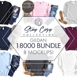Gildan 18000 Sweatshirt Mockup Bündel | 8 Damen Rundhalsausschnitt, flach gelegt
