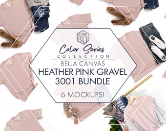 Bella Canvas 3001 Heather Pink Gravel Mockup Bundle | 6-Pack Women's & Men's Flat Lays