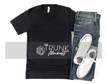 Bella Canvas 3005 Black Mockup | Mens V-Neck Flat Lay | JPG